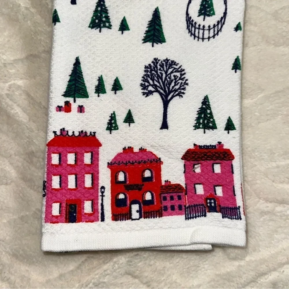 kate spade Christmas Town City Scapes White Pink Green Cotton Kitchen 2 Towel